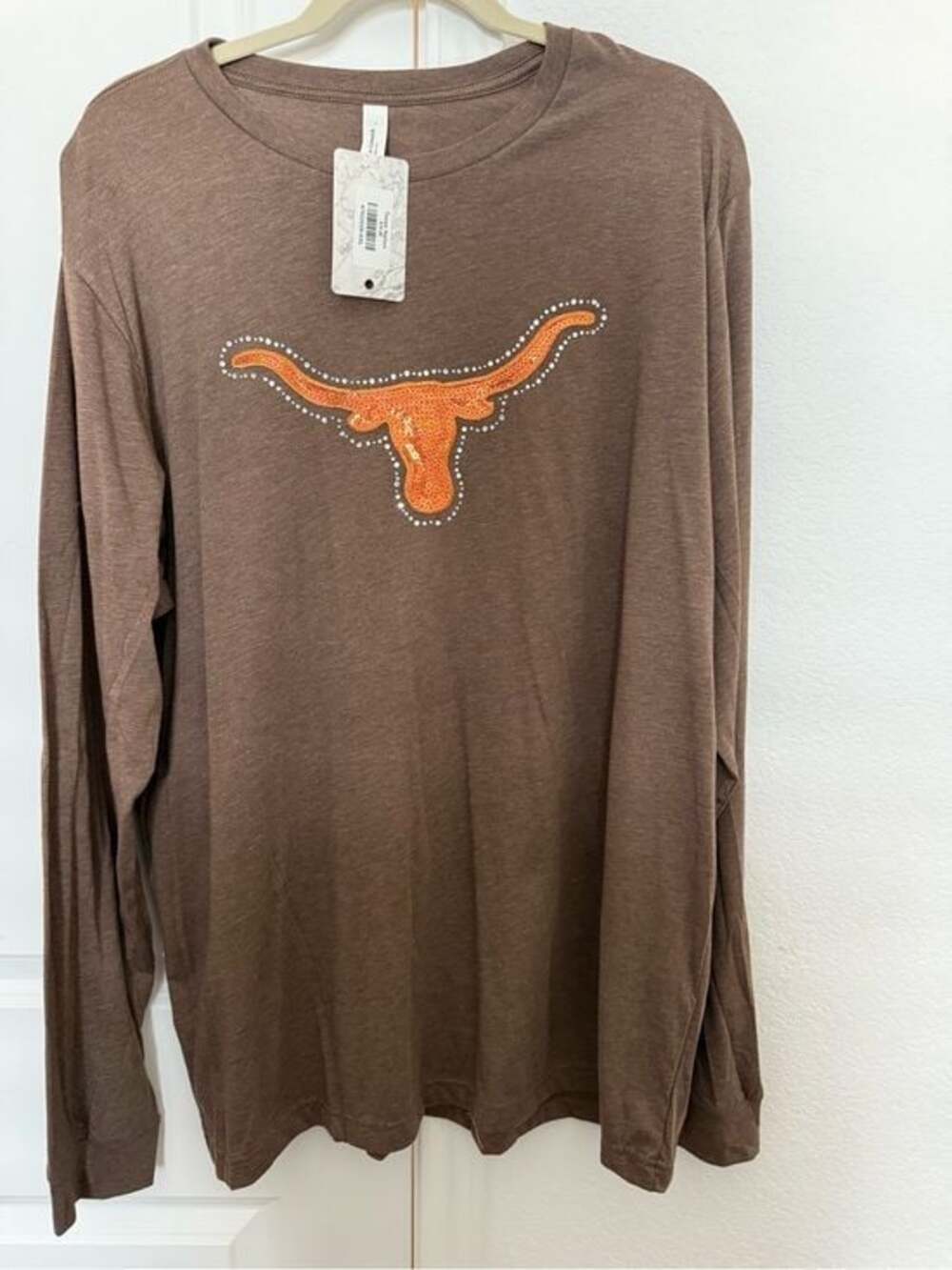 Brown Long Sleeve with Orange Longhorn Sequin Rhinestone Graphic NWT